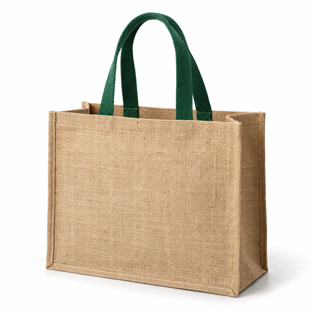 Natural Jute Promotional Tote with Green Handles for custom branding in Dubai