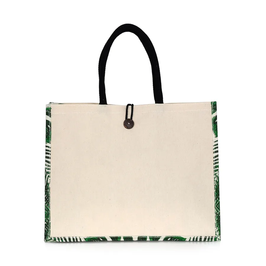Canvas bag with printed side gusset and button